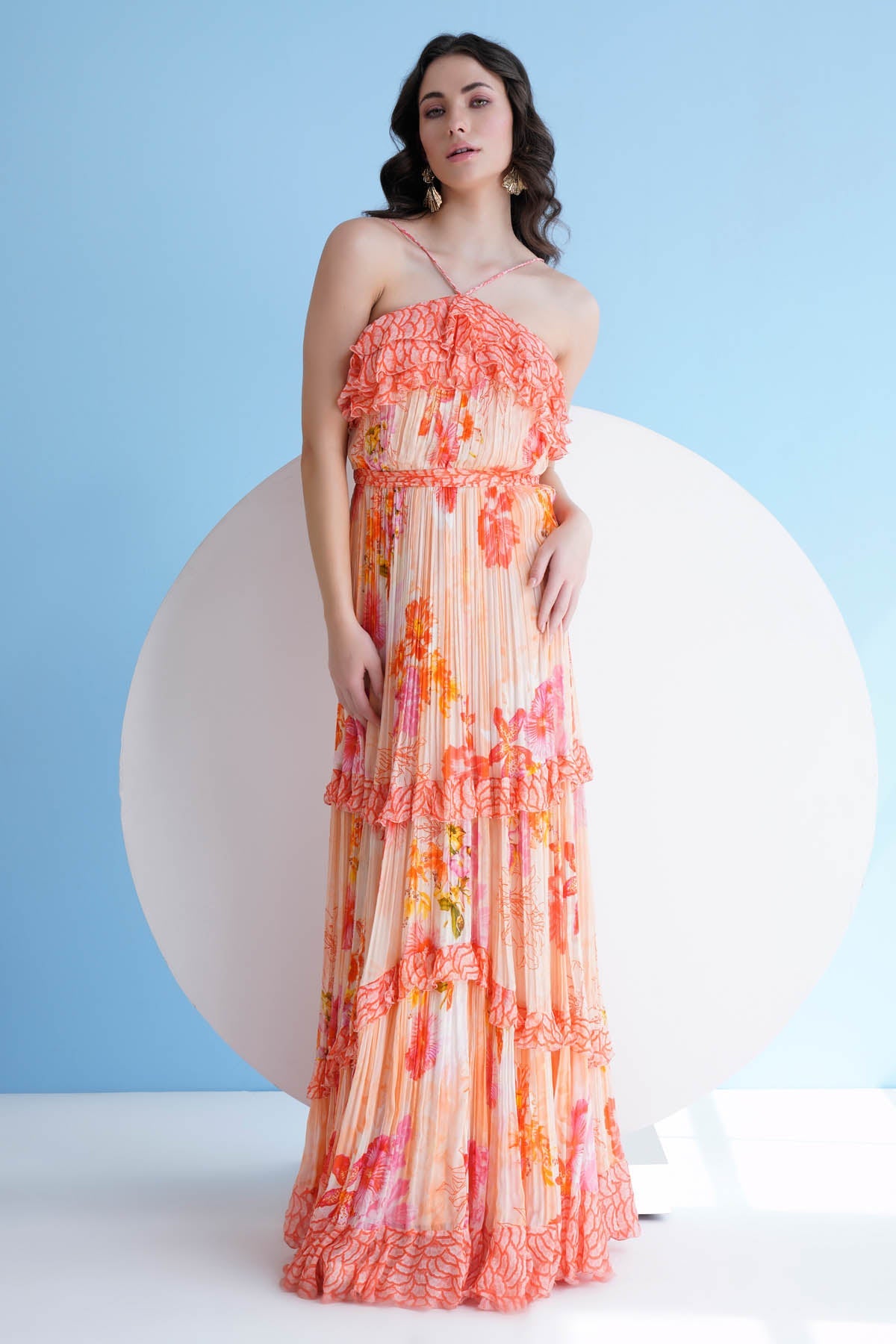 Buy Halter Pleated Frill Long Dress by Mandira Wirk
